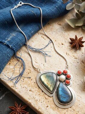Genuine Labradorite 925 Silver Coral Pearl Statement Pendant Necklace Boho 20.5"